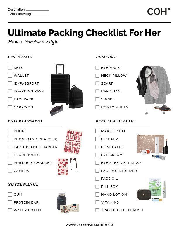 the ultimate packing checklist for her is shown in this printable form, which includes luggage