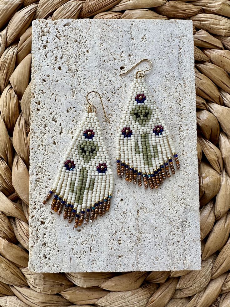 Alien Cacti seed bead fringe earrings on gold-plated, nickle free, earwires. Handemade and designed by Kelly, Beading Down South. ©️ Southwestern Beaded Fringe Earrings As Gift, Southwestern Fringe Beaded Earrings As Gift, Artisan Handwoven Beaded Drop Earrings, Southwestern Fringe Beaded Earrings For Gift, Southwestern Style Beaded Fringe Earrings For Gift, Artisan Handwoven Beaded Dangle Earrings, Gold Artisan Beaded Fringe Earrings, Artisan Beaded Fringe Dangle Earrings, Artisan Gold Earrings With Beaded Fringe