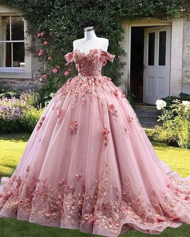 Off The Shoulder Tulle Dress, Satin Bridesmaid Dresses Long, Wedding Dress Cinderella, Aramex Delivery, Pink Quinceanera Dresses, Dress With 3d Flowers, Pink Quinceanera, Pink Quince, Quinceanera Dresses Pink