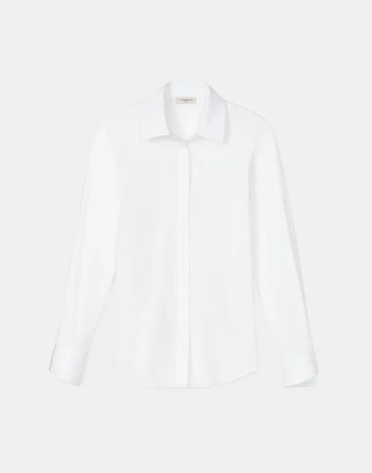 Wright Shirt In Italian Stretch Cotton | Lafayette 148 New York Classic Shirt With Concealed Placket And Shirttail Hem, Classic Tailored Tops For Office, Classic Tailored Office Tops, Classic Tailored Office Top, White Classic Slim Fit Blouse, Classic White Slim Fit Blouse, Classic Tailored Blouse For Business Casual, Timeless Dress Shirt With Hidden Button For Work, Timeless Dress Shirt With Concealed Placket For Work