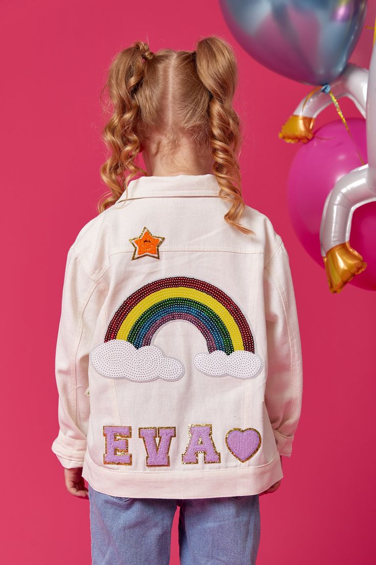 Personalized Rainbow Jacket for Kids, Custom Denim jackets, Girls Jean jackets, Fashion Denim jackets, Little girl gift, Girls cool jackets ✨Make you child's wardrobe stand out with our customizable Kid's Denim Jackets featuring a sequin rainbow patches. ✨These high-quality jean jackets are durable yet comfortable, perfect for everyday wear and adventurous play. Each Jacket can be personalized with your child's name in bold chenille patches adding a unique touch that they'll love.  ✨Whether it i Cute Pink Denim Jacket With Long Sleeves, Cute Pink Long Sleeve Denim Jacket, Fall Long Sleeve Outerwear For Birthday, Spring Birthday Long Sleeve Outerwear, Chenille Jacket, Rainbow Jacket, Wardrobe Stand, Kids Denim Jacket, Chenille Patches