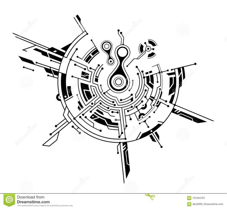 an abstract black and white image of scissors in the center of a circular maze with arrows