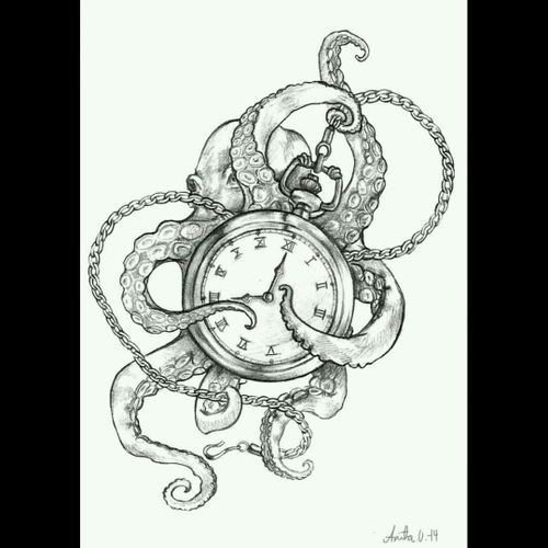 an octopus clock with chains hanging from it's face and tentacles attached to it