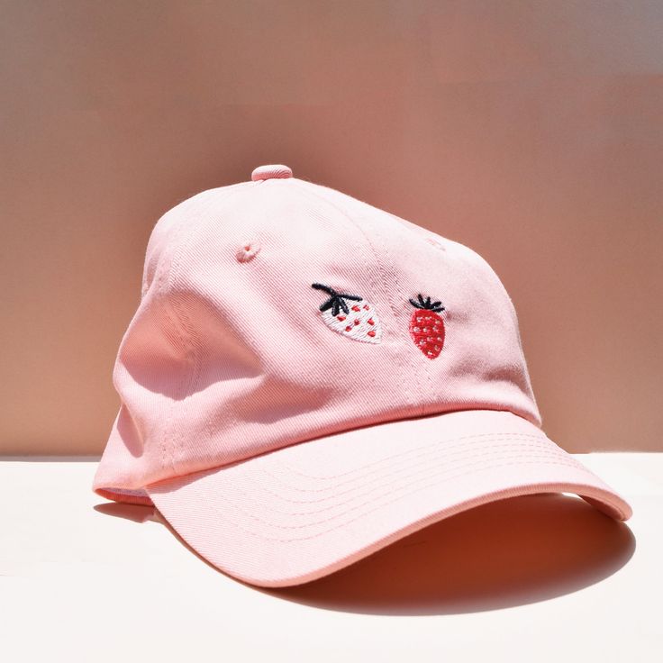 Look chic in our LARK Strawberry hat 🍓 Light pink with embroidered strawberries. Embroidered Strawberries, Embroidered Strawberry, Strawberry Hat, Hat Light, Embroidered Hat, Embroidered Hats, Look Chic, Accessories Unique, Strawberries