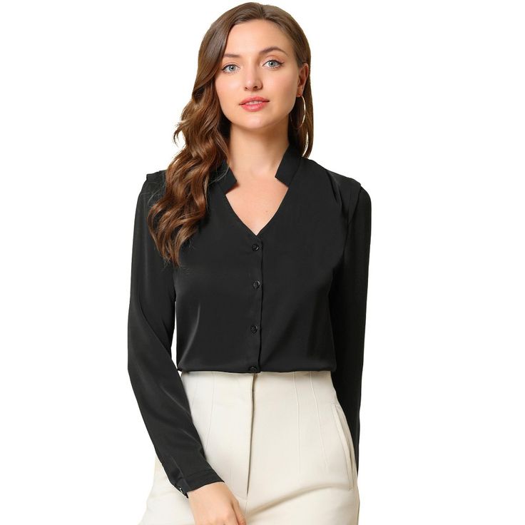 This shirt is elegant and charming for workwear or a day-to-night look with a cut-out v neck and unique shoulder detail. No-see-through chiffon fabric and stylish v-neck make it a perfect choice for work, office and daily wear. Pair this work office shirt with a pencil skirt, work pants, or casual jeans. The return of a classic, this button-up shirt is cut from in a chiffon sateen in an always flattering fit-and-flare silhouette. Size: medium. Color: black. Gender: female. Age Group: adult. Patt Elegant V-neck Shirt With Back Button Closure, Elegant V-neck Blouse For Office, Formal V-neck Shirt With Button Closure, Elegant V-neck Top For Business Casual, Black Office Lady Blouse For Work, Office Lady Black Blouse For Office, Formal V-neck Shirt With Buttons, Black Office Lady Blouse, Elegant Collared Blouse For Office