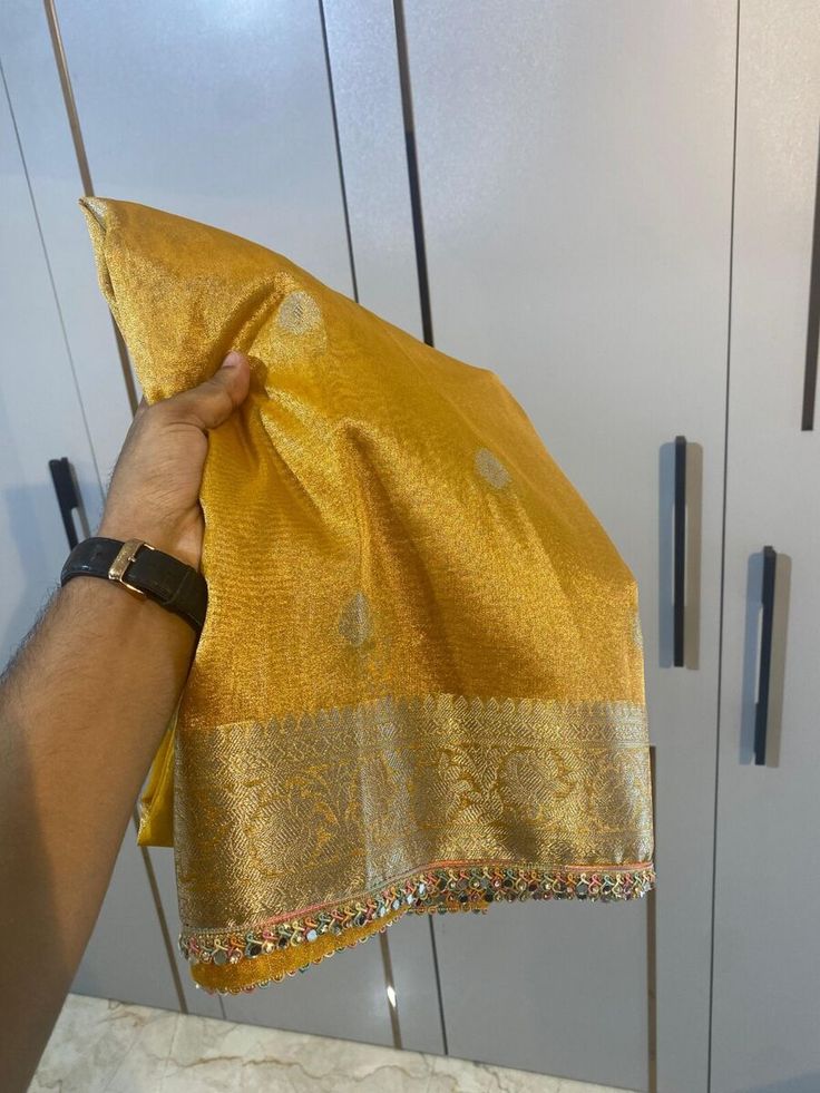 Premium Banarasi Tissue Silk Saree, Bridal Wedding Rich Pallu Zari Weaving Saree | eBay Silk Wedding Kurta With Cutdana, Traditional Tissue Silk Sharara With Cutdana, Yellow Tissue Silk Kurta With Zari Work, Wedding Kurta With Cutdana In Tissue Silk, Wedding Kurta With Cutdana On Tissue Silk, Festive Traditional Tissue Silk Kurta, Elegant Zari Work Kurta For Puja, Eid Tissue Silk Kurta With Pallu, Gold Tissue Silk Kurta With Cutdana