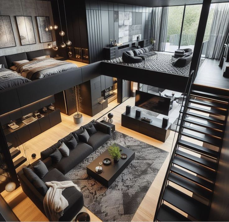 a living room filled with lots of furniture next to a stair leading up to a loft