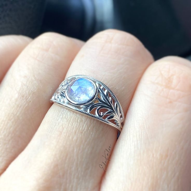 10K Gold Moonstone Ring, Gold Vine Ring, Leaf Ring, Vintage Style Engagement Ring, Gold Filigree Ring, Natural Gemstone Ring - Etsy Intricate Design Moonstone Jewelry, Intricate Moonstone Jewelry As A Gift, Intricate Moonstone Jewelry For Gift, Artisan Moonstone Wedding Ring, Artisan Round Moonstone Ring, Handmade Spiritual Filigree Ring, White Moonstone Ring With Intricate Design For Gift, White Moonstone Ring With Intricate Design, Artisan Round Moonstone Ring For Anniversary