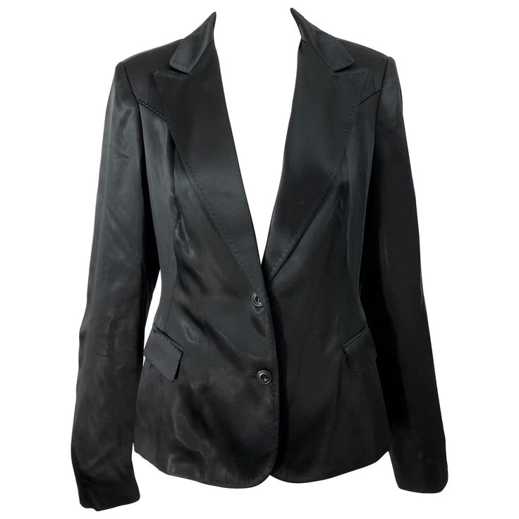 Chic late 90s ALESSANDRO DELL'ACQUA black silk satin look blazer jacket ! Smart tailored fit, with two buttons up the front. Pockets at each side of the waist. Fully lined. The perfect black blazer that is a timeless investment to any wardrobe. Great with jeans, trousers, a skirt, or over a dress. In great condition Made in Italy Marked Size IT 46 ( US 10 ) Measurements: 38 inch bust 32 inch waist Single-breasted Satin Outerwear For Business, Single Breasted Satin Outerwear For Business, Black Silk Suits With Lapel Collar, Black Silk Blazer With Lapel Collar, Satin Long Sleeve Business Outerwear, Chic Single-button Silk Blazer, Elegant Satin Outerwear With Button Closure, Satin Long Sleeve Outerwear For Business, Classic Satin Formal Blazer