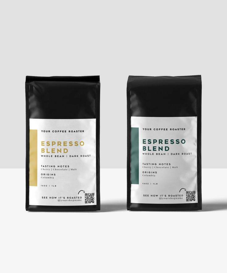 two bags of espresso blend sitting next to each other on a white surface