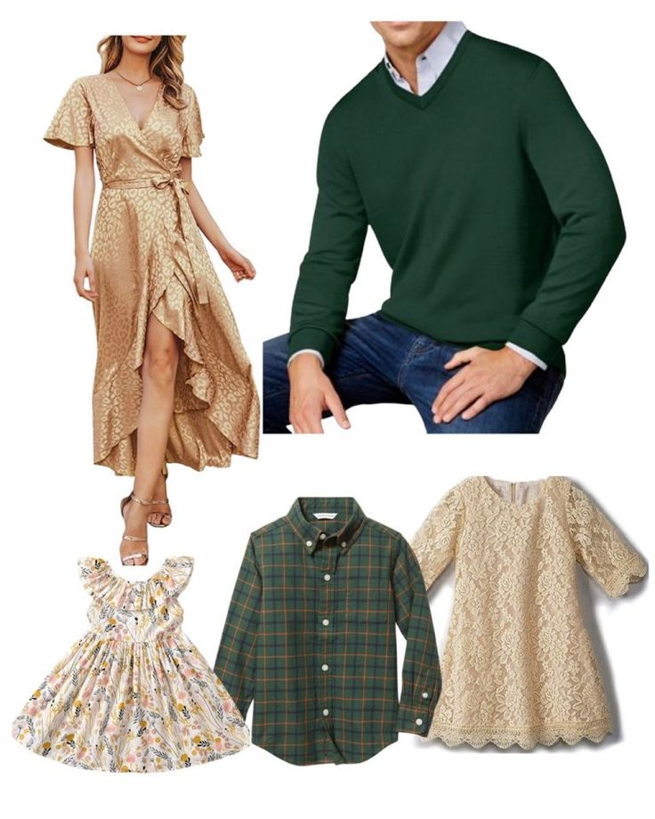 three different styles of clothes and one is wearing a green sweater, the other has a gold dress