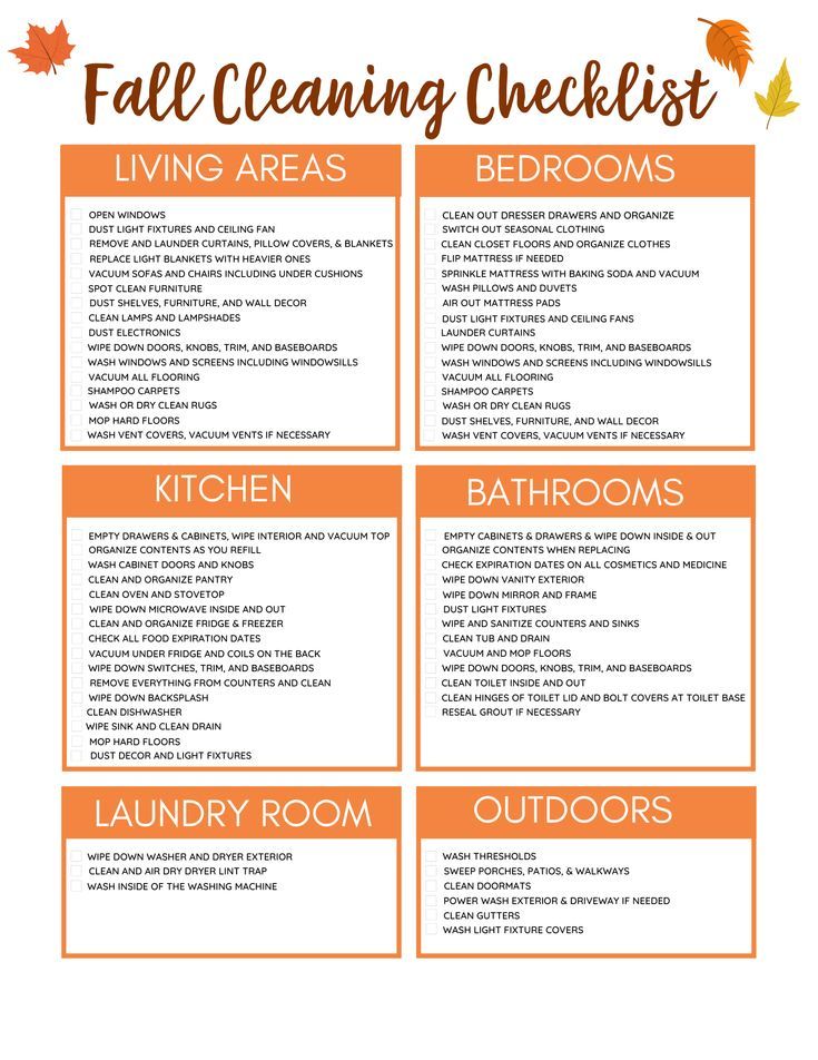 the fall cleaning checklist is shown in orange and white