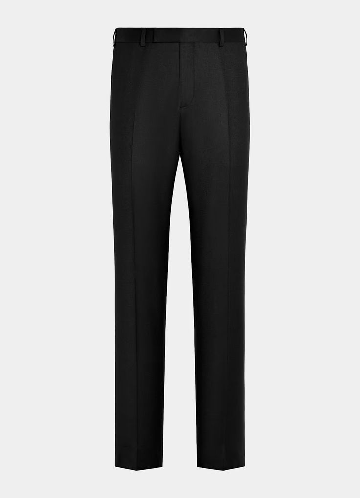 Black Straight Leg Pants in Pure S120's Flannel Wool | SUITSUPPLY US Classic Jeans With Welt Pockets, Elegant Straight Fit Formal Pants, Tailored Long Pants For Formal Occasions, Elegant Straight Leg Bottoms With Five Pockets, Elegant Black Pants With Five Pockets, Elegant Full-length Pants With Five Pockets, Luxury Straight Leg Workwear Bottoms, Slim Fit Straight Leg Pants With Pressed Crease, Slim Fit Pants With Pressed Crease And Straight Leg