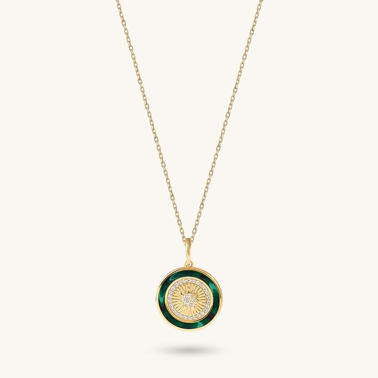 14K Solid Yellow Gold Sunburst Coin Necklace - Green Enamel Luxury Green Round Pendant Necklace, Luxury Green Medallion Necklace, Green Coin Pendant Medallion Jewelry, Green Necklace With Coin Pendant, Green Engraved Medallion Necklaces, Green Engraved Medallion Necklace, Engraved Green Medallion Necklace, Sun Motif, Evil Eye Ring