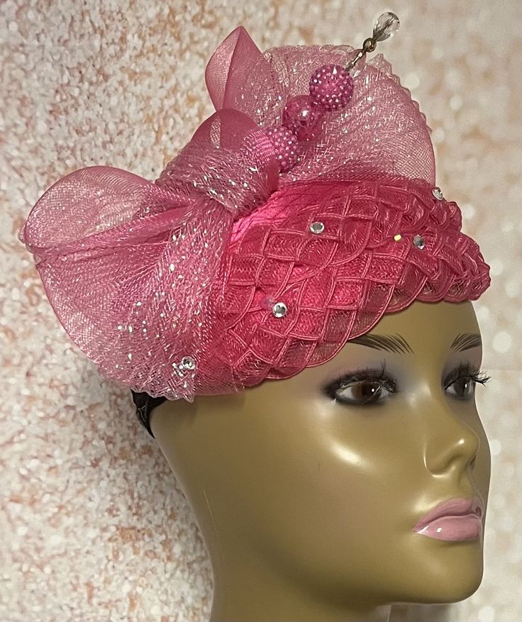 Pink Fascinator Half Hat for Church head covering, Tea Party, Wedding, and other Special Occasions  Accented with rhinestones, hat pin, and bow pearl. The hat pin may vary and is for decorative purposes only. The hat is affixed to the head via a hat string. Measures:  10 X 7 inches Handmade Gifts for mom, sister, wife, or yourself. SHIPPING  All items for free shipping will be shipped via USPS FIRST CLASS MAIL. Fascinator Headband For Races And Carnival, Spring Party Hats With Rhinestones, Kentucky Derby Party Headband Fascinator, Rhinestone Party Hat For Kentucky Derby, Adjustable Costume Hat For Party At Kentucky Derby, Adjustable Royal Ascot Costume Hats For Party, Adjustable Mini Hat For Kentucky Derby Party, Carnival Party Hat Headpiece, Adjustable Mini Hats For Royal Ascot Party