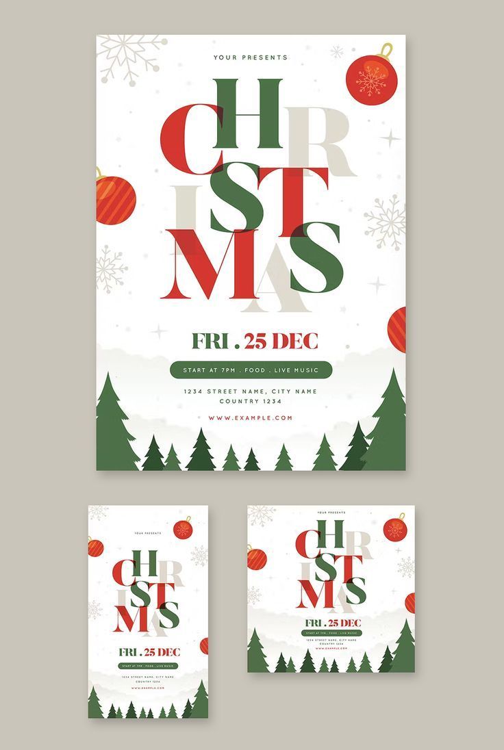 three christmas flyers with red and green ornaments