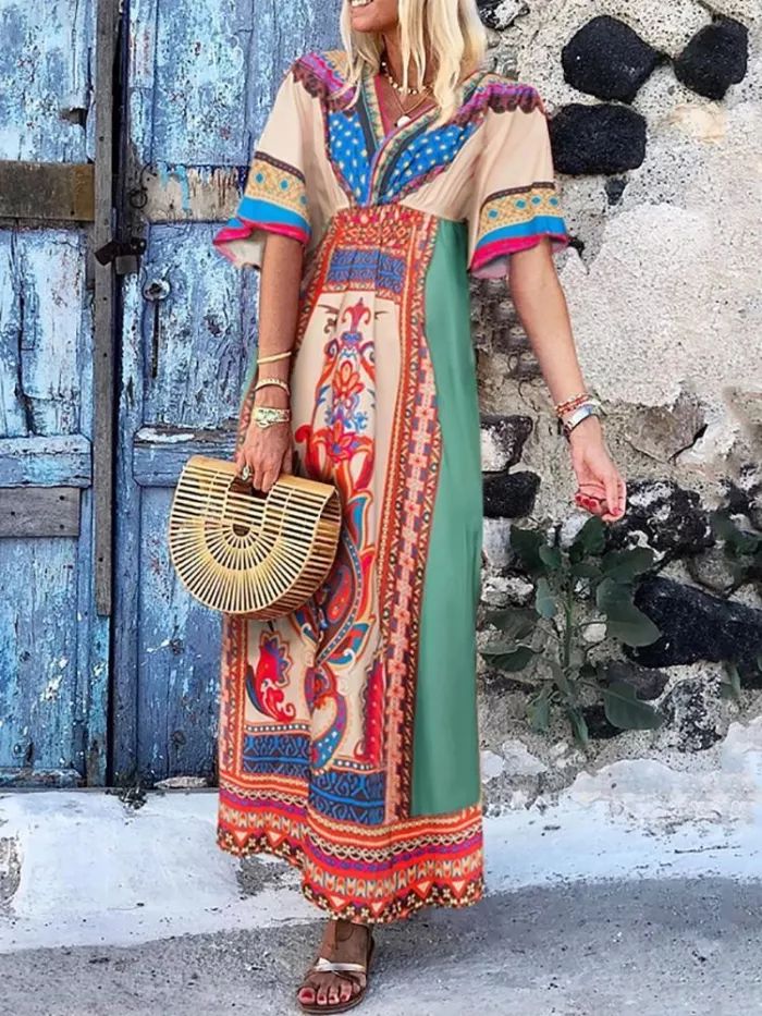 US$ 38.84 - Casual Bohemia Printed V Neck Vacation Maxi Dress - www.streetally.com Casual Multicolor Boho Maxi Dress, Multicolor Printed Maxi Boho Dress, Multicolor Printed Maxi Length Boho Dress, Casual Multicolor Boho Dress, Bohemian Multicolor Print Midi Summer Dress, Multicolor Printed Boho Dress With Short Sleeves, Multicolor Short Sleeve Printed Boho Dress, Multicolor Bohemian Midi Dress With Boho Print, Bohemian Multicolor Boho Print Midi Dress