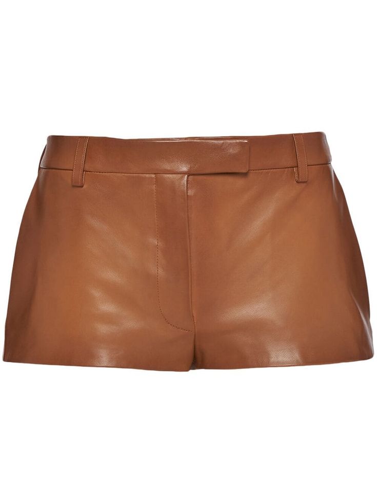 Prada low-rise Leather Shorts - Farfetch Spring Luxury Miu Miu Mini Skirt, Brown Leather Pants, Caramel Brown, Tumblr Fashion, Triangle Logo, Leather Shorts, Nappa Leather, Short Outfits, Low Rise