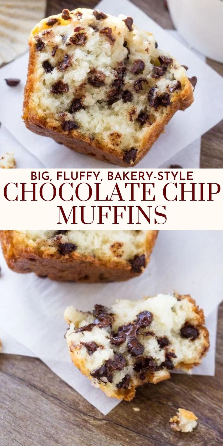 three pieces of chocolate chip muffins on top of each other with the words, big fluffy bakery - style chocolate chip muffins