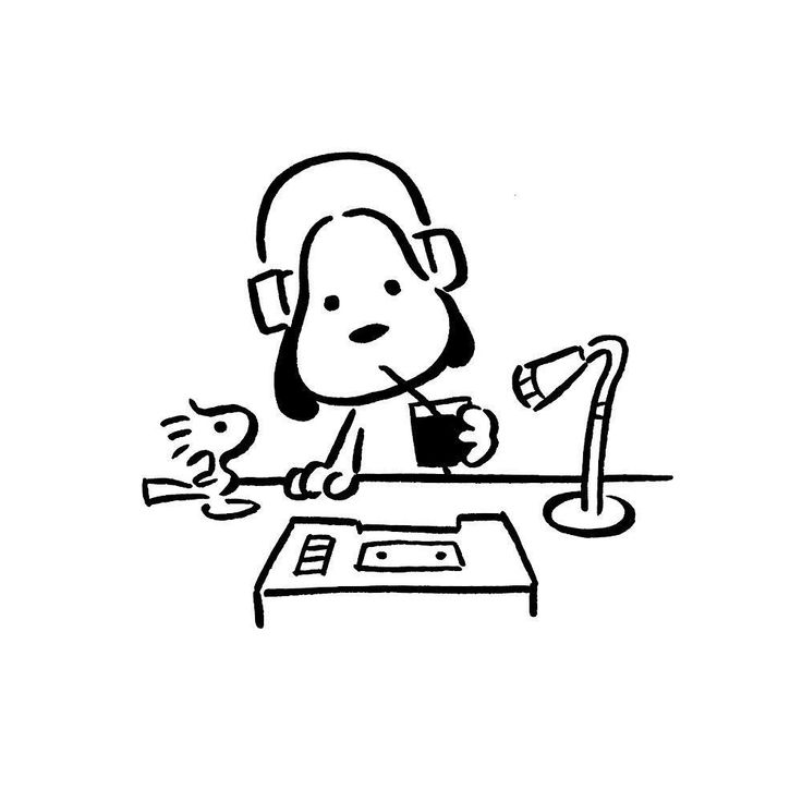 a drawing of a person sitting at a desk with headphones on and holding a coffee cup