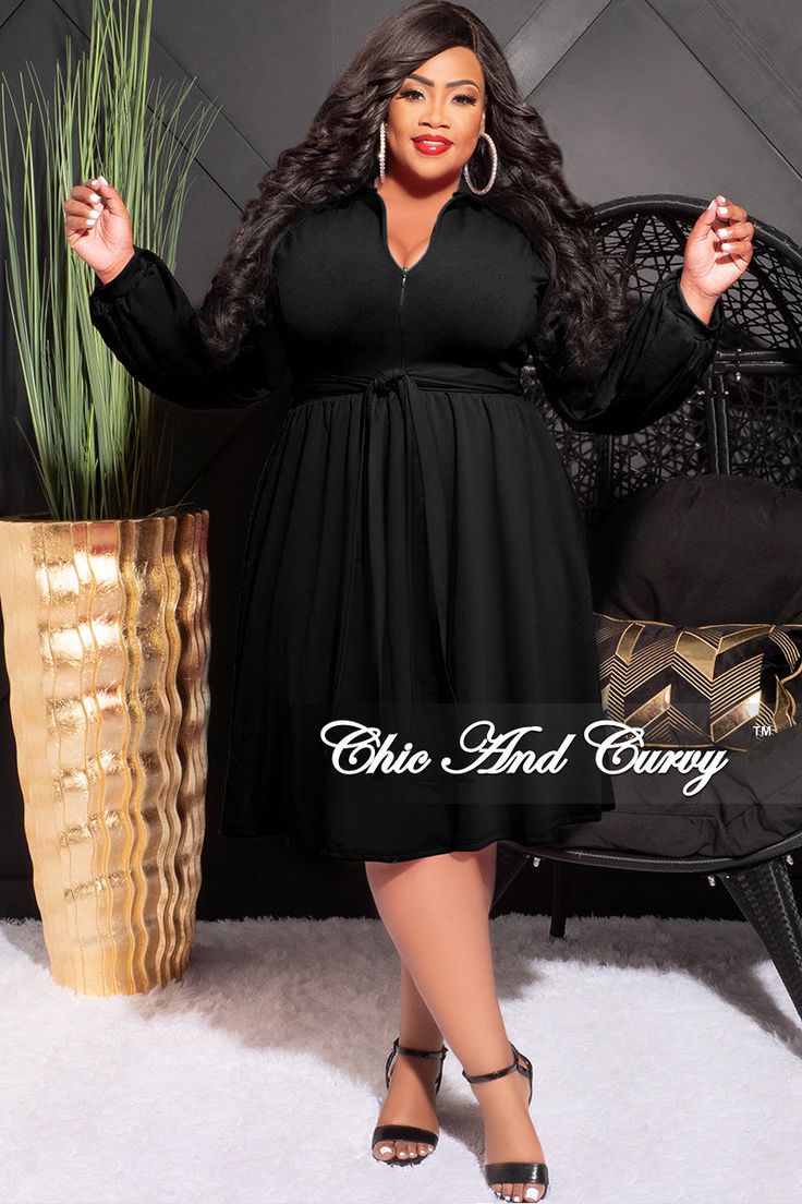 Polyester %: 96 Spandex %: 4 Model is wearing 1x Black Graduation Dress Plus Size, Plus Size Baby Doll Dress, Plus Size Black Formal Dress, Graduation Dress Plus Size, Black Graduation Dress, Dress For Chubby, Chic And Curvy, Baby Doll Dress, Black Dresses