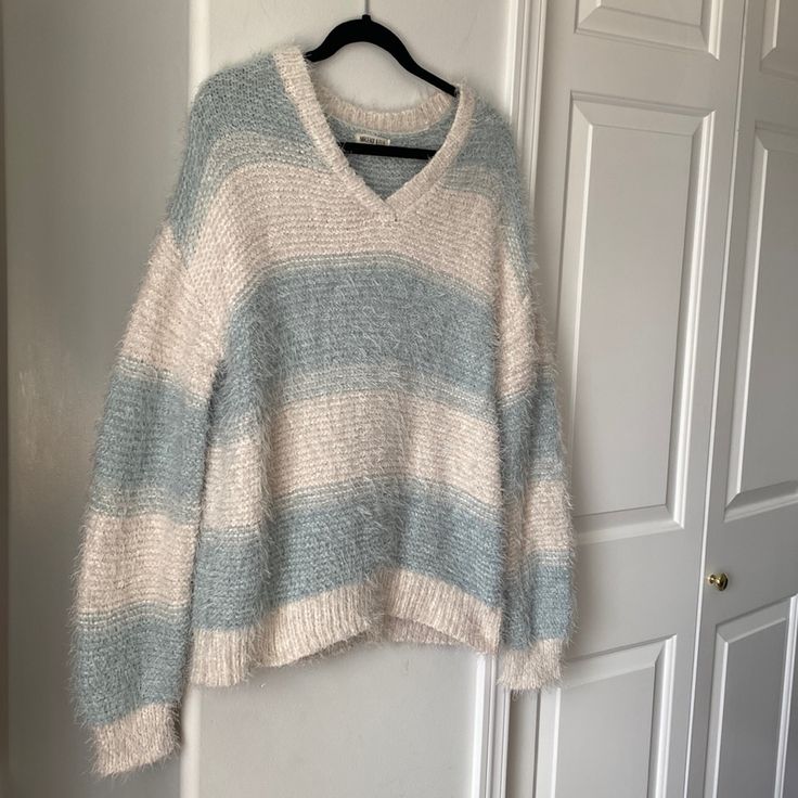 Cream & Teal Striped Knit Sweater Oversized V-Neckline Fuzzy & Cozy Size: M Brand New/Never Worn * Measurements * Chest & Length: 24” * Material * 100% Polyester Knit Sweater Oversized, Oversized Knit Sweater, Striped Knit Sweater, Sweater Oversized, Sweater Oversize, Chunky Knit Sweater, Oversized Knitted Sweaters, Fuzzy Sweater, Chunky Knits Sweater