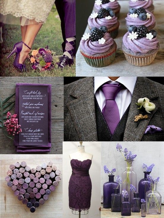 a collage of purple and black wedding colors