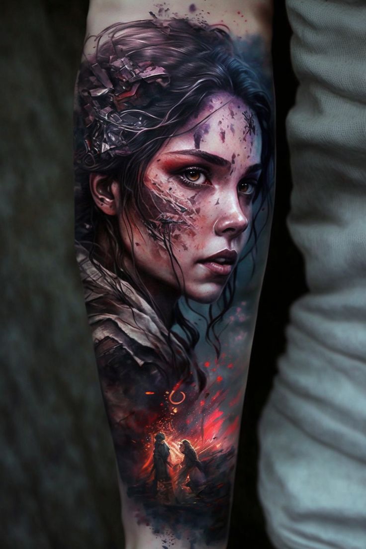 a woman's arm with an artistic tattoo on it