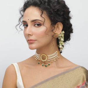 Buy Azalea Bead Pearl Kundan Choker Set | Tarinika Jeweled Bridal Necklace For Celebration, Bollywood Choker For Navratri Festival, Traditional Jeweled Kundan Necklace, Bollywood Style Bridal Necklace For Navratri, Beaded Jewelry For Navratri Wedding, Wedding Jewelry Beaded For Navratri, Beaded Jewelry For Wedding And Navratri, Wedding Jewelry With Beads For Navratri, Bridal Necklace For Celebrations And Festivals