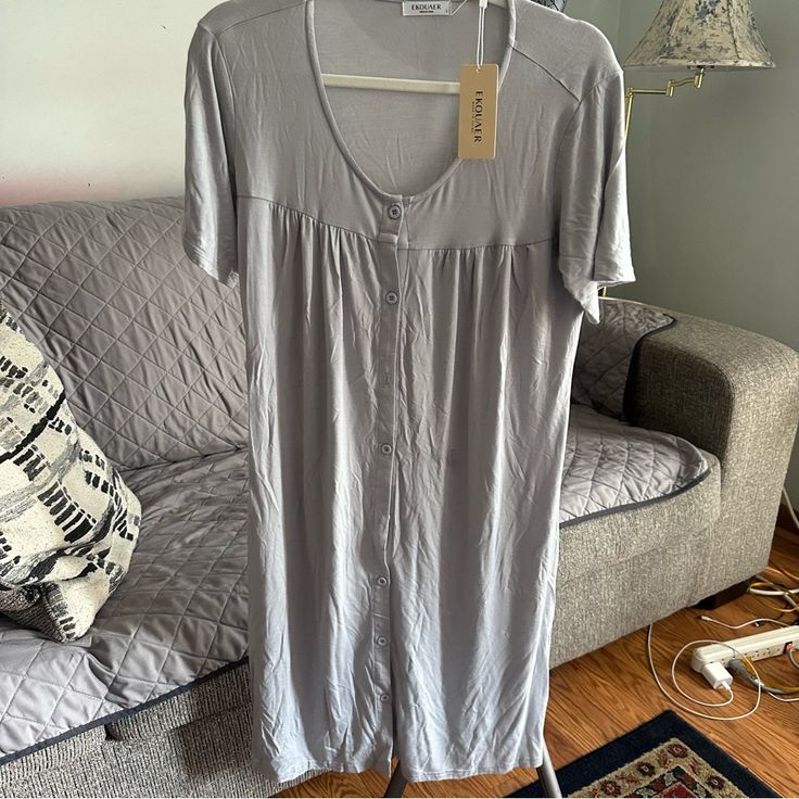 Brand New With Tags Casual Short Sleeve Nightgown With Relaxed Fit, Gray Loungewear Dress For Summer, Gray Summer Loungewear Dress, Casual Short Sleeve Nightgown, Casual Cotton Nightgown For Lounging, Casual Gray Summer Sleepwear, Comfortable Nightgown For Spring Lounging, Comfortable Spring Nightgown For Lounging, Comfortable Spring Sleep Dress