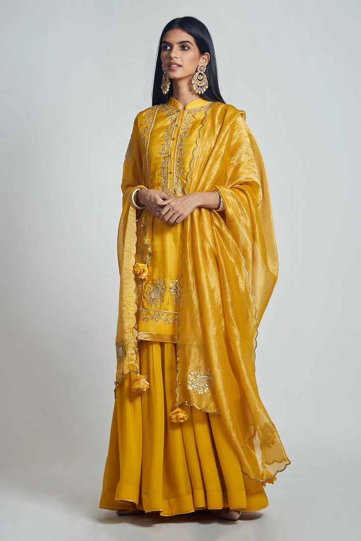 Shop for these amazing collections of Yellow Kurta Habutai Dupatta Organza Tissue Gharara Nasira Set For Women by Sheetal Batra online at Aza Fashions. Yellow Kurta, Traditional Attires, Embroidered Neckline, Silk Organza, Mandarin Collar, Set For Women, Festival Wear, Aza Fashion, Celebrity Style