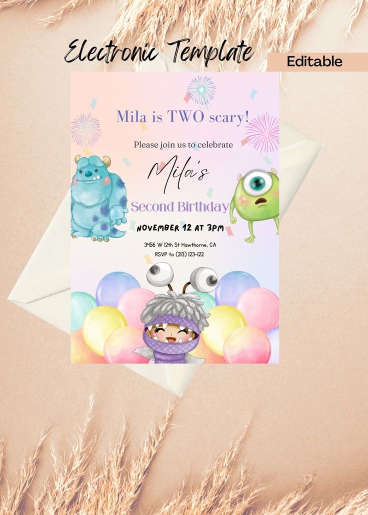 a birthday party flyer with monsters and balloons