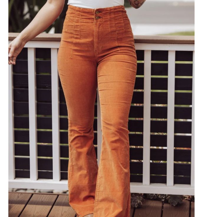 Color: "Cognac"- Burnt Orange. Super High Rise Fit Flared Silhouette Soft Corduroy Double Exposed Button Fly Closure Never Worn, Kept In A Smoke Free Home. High Waist Corduroy Bottoms With Buttons, High-waist Corduroy Bottoms With Buttons, Fitted Corduroy Bottoms With Buttons, Fitted Mid-rise Corduroy Pants, Fitted Corduroy Jeans For Spring, Retro Pants With Button Closure For Fall, High Waist Corduroy Bottoms With Button Closure, High-waist Corduroy Bottoms With Button Closure, Retro Bottoms With Button Closure For Fall