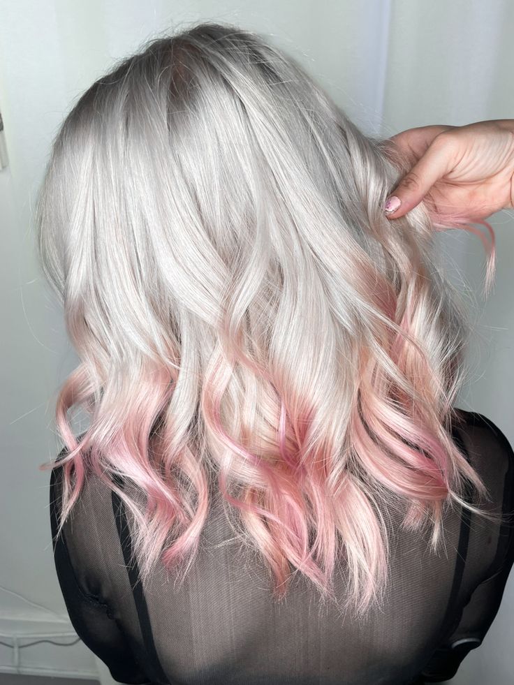 White hair ,baby pink hair , pink hair by Price at Kokopelli Salon, Vancouver BC Hair With Pink Tips, Pink And Silver Hair, White And Pink Hair, Blonde Hair With Pink Tips, White Hair With Lowlights, Baby Pink Hair, Pink Tips, White Blonde Hair, Blonde With Pink