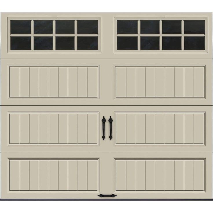 an overhead garage door with windows on the top and bottom panel, in beige color