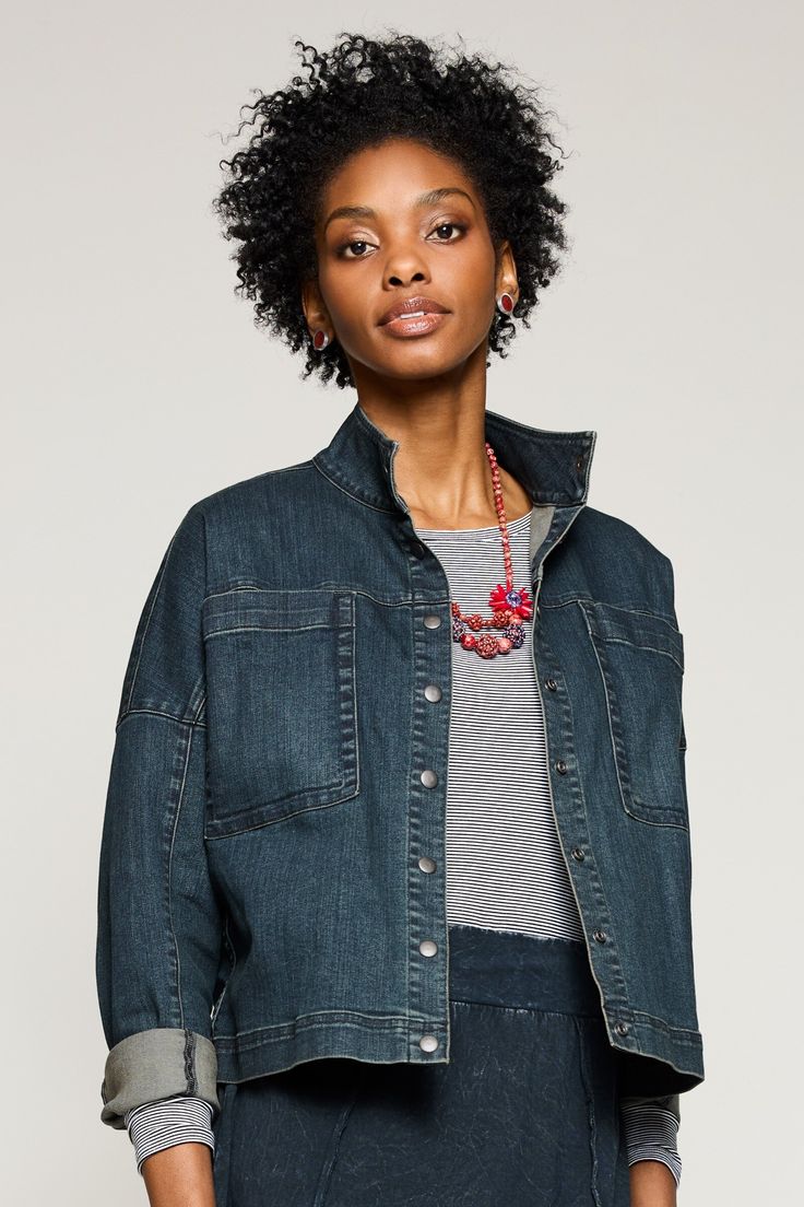 Woven Jacket - Designed for flattery and versatility, this denim jacket is the ideal finishing touch for just about any outfit from dresses to jeans to wide-leg pants. Chic Denim Blue Button-up Outerwear, Denim Outerwear With Patch Pockets For Fall, Fall Denim Outerwear With Patch Pockets, Fall Shacket With Patch Pockets In Medium Wash, Chic Everyday Denim Top, Chic Relaxed Fit Outerwear With Button Closure, Denim Blue Outerwear With Patch Pockets For Work, Denim Utility Jacket For Workwear In Fall, Fall Dark Wash Relaxed Fit Denim Top