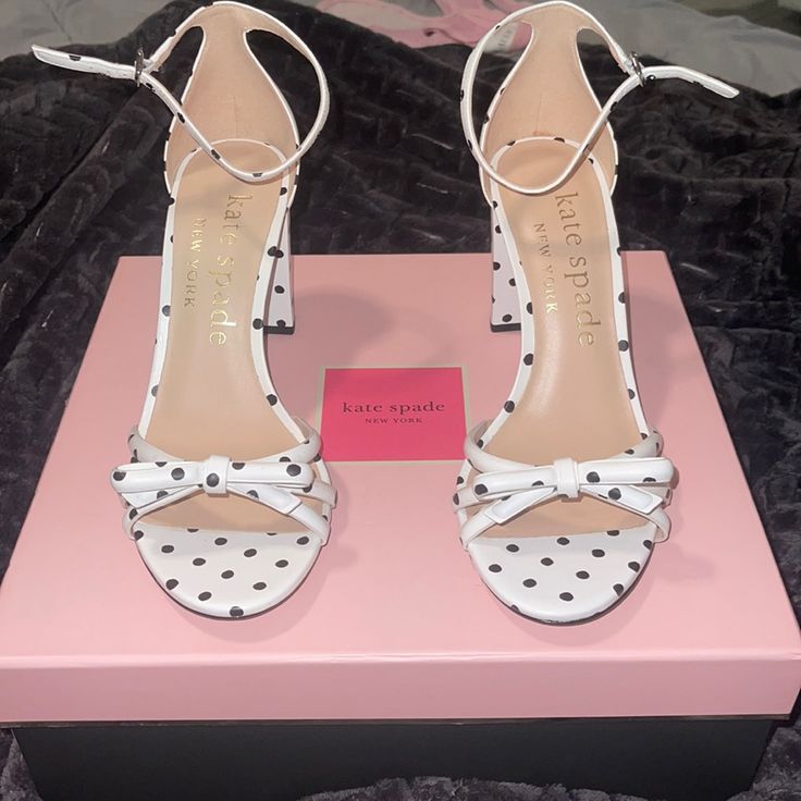 Brand New Polka Dot Kate Spade Heeled Sandals Size 9.5 *No Box* Polka Dot Accessories, Kate Spade Party Sandals With Round Toe, Kate Spade High Heels With Branded Heel Counter, Kate Spade Heels With Ankle Strap, Polka Dot Round Toe Sandals For Party, Kate Spade Summer Evening Heels, Chic Polka Dot Heels With Round Toe, Polka Dot Round Toe Heels For Parties, Polka Dot Heels For Summer Party