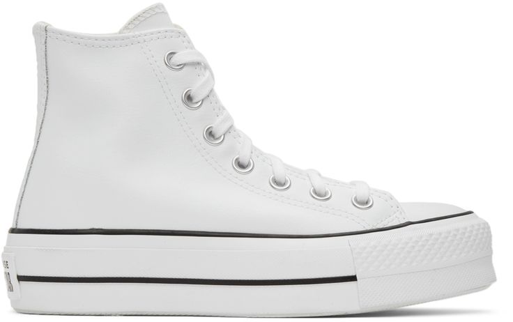 High-top buffed leather sneakers in white. · Lace-up closure · Eyelet vents and leather logo patch at inner side · Canvas lining · Foam rubber platform midsole featuring black stripe · Tonal treaded rubber outsole · Approx. 2 platform Supplier color: White/Black Converse Mid-top Platform Sneakers With Contrast Sole, Leather High-top Platform Sneakers For Sports, Leather Platform High-top Sneakers For Sports, Converse Mid-top Platform Sneakers With Vulcanized Sole, Converse Sporty Platform Sneakers With Rubber Sole, Sporty Converse Platform Sneakers With Rubber Sole, Converse High-top Sneakers With Perforated Toe Box, White High-top Platform Sneakers For Sports, White High-top Platform Sneakers For Streetwear