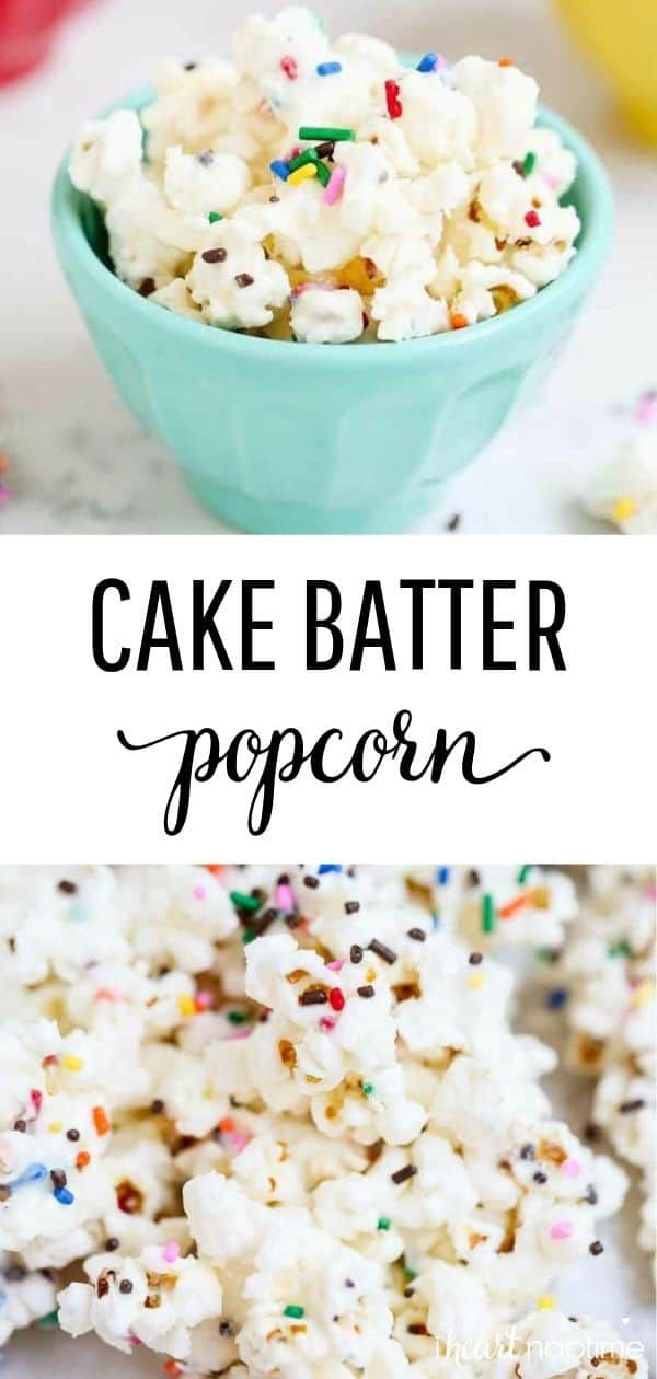 cake batter popcorn in a blue bowl with sprinkles on top and the words,