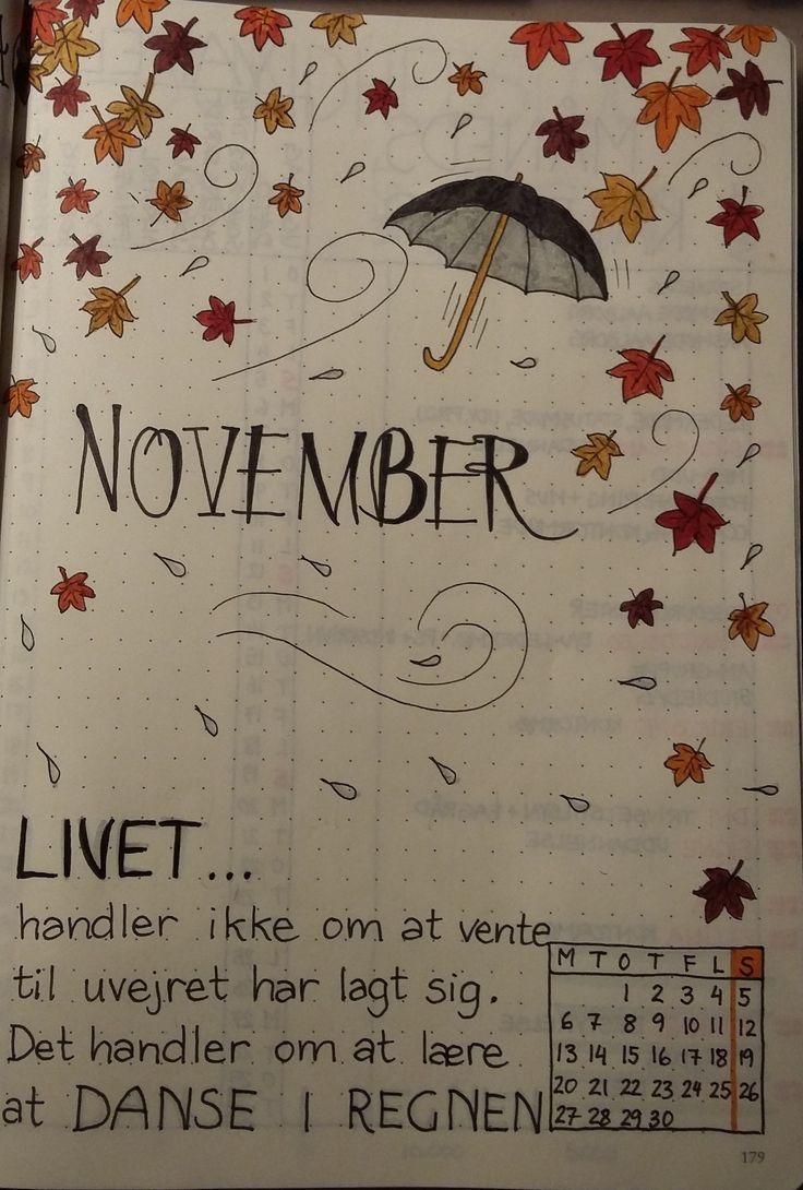 an open notebook with the words november written in black and orange on it, surrounded by falling leaves