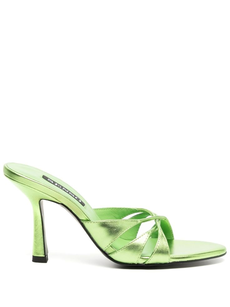 sage green leather metallic finish open toe slip-on style branded footbed high heel leather sole Farfetch Shoes, Heels Green, Espadrilles Slides, Metallic Heels, Chanel 2, Iconic Bags, Open Toe Sandals, Flat Boots, Toe Sandals