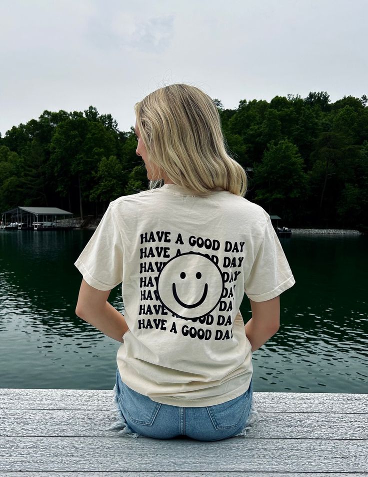 Have A Good Day- Smiley Summer T-Shirt- Comfort Colors Brand Crew Neck T-shirt For Spring Weekend, Casual Weekend Tops With Text Print, Casual Text Print Tops For Weekend, Casual Graphic Print Tops For Weekend, Casual Letter Print Tops For The Weekend, Relaxed Text Print Top For Weekend, Relaxed Fit Text Print Top For Weekend, Spring Weekend Tops With Short Sleeves, Cotton Tops With Text Print For Weekend