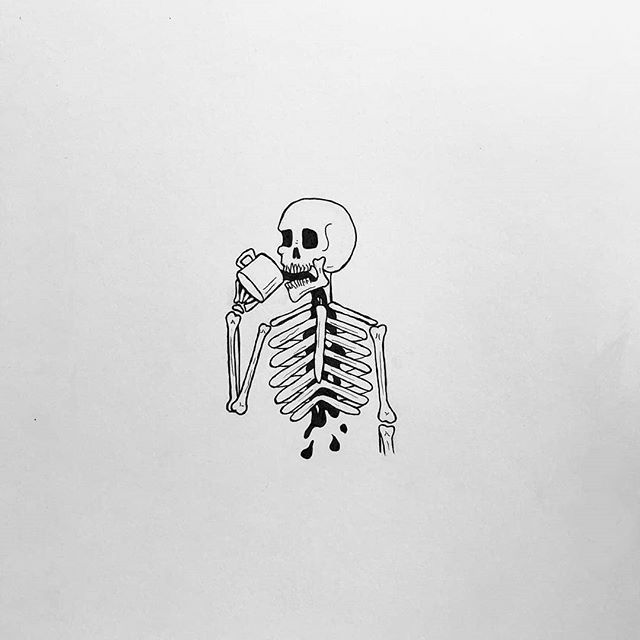 a drawing of a skeleton holding a cup