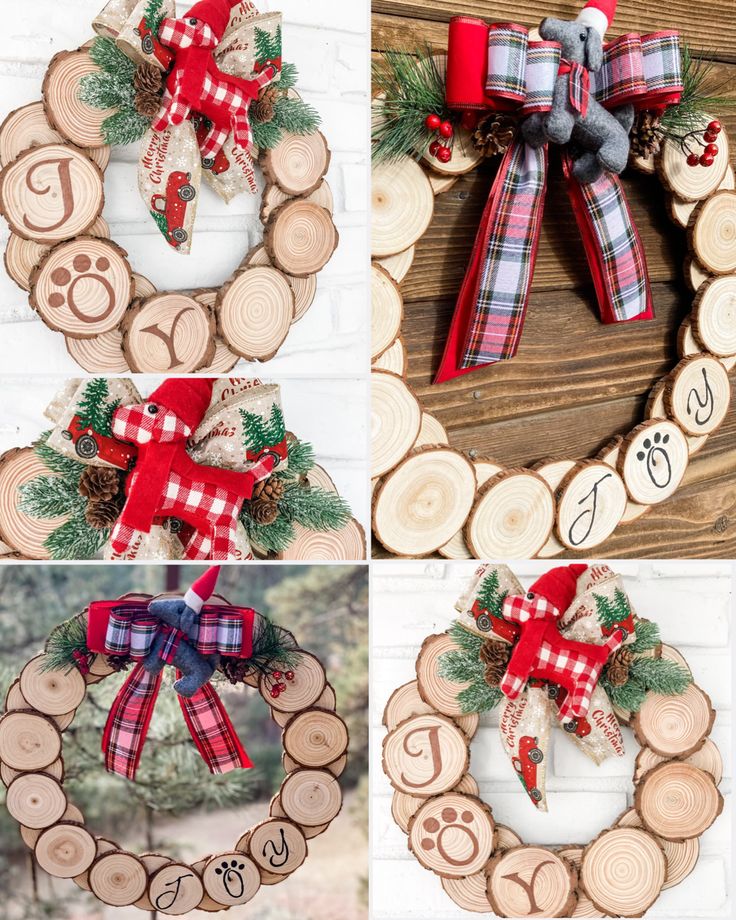 four different pictures of christmas wreaths with red and green bows on them, hanging from wood slices