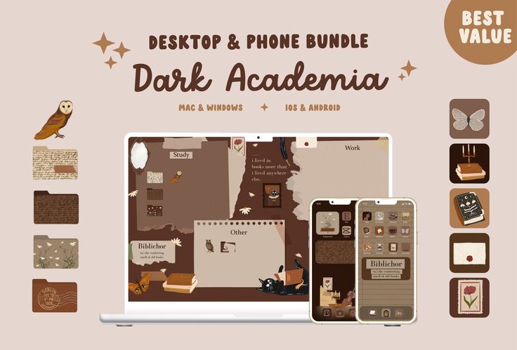 the desktop and phone bundle for dark academy is displayed on a laptop, with other items surrounding it