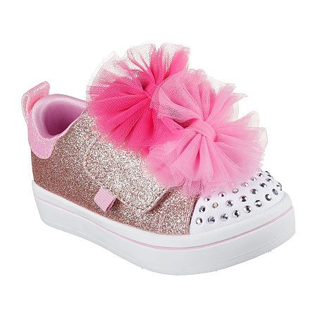 Features: Glitter, Light-Up, ComfortClosure Type: StrapUpper/Outer Base Material: 53% Synthetic, 47% TextileShoe Lining Material: PolyesterSole Material Content: 100% EvaShoe Strap Type: Adjustable StrapCountry of Origin: Imported Pink Sneakers With Glitter Print For Spring, Pink Glitter Synthetic Sneakers, Pink Glitter Print Lace-up Sneakers, Pink Glitter Sneakers For Spring, Pink Glitter Sneakers With Round Toe, Pink Glitter Accent Sneakers For Spring, Trendy Pink Sneakers With Glitter Print, Pink Low-top Sneakers With Glitter Print, Pink Glitter Round Toe Sneakers