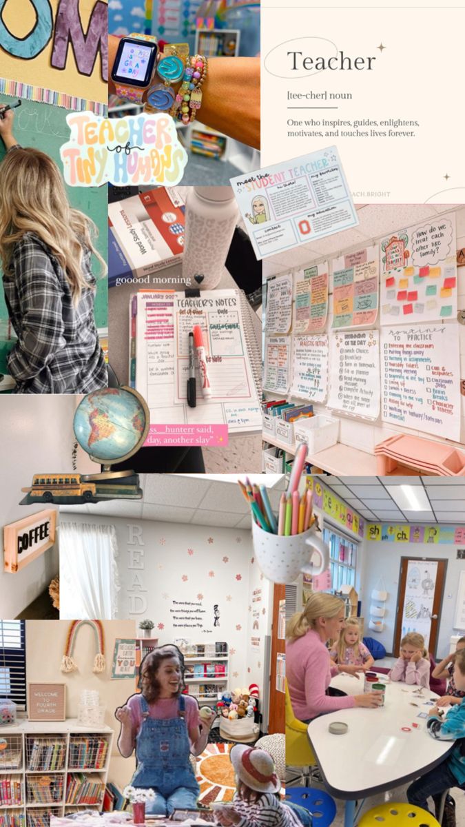 there are many pictures of children in the classroom and one is holding a book while another child sits at a desk