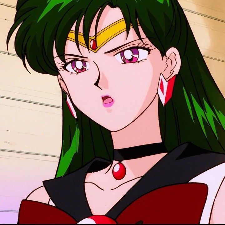 an anime character with green hair and piercings on her ears, looking at the camera