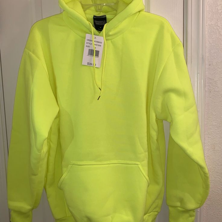 Brand New Fluorescent Yellow Pullover Hoodie Yellow Hoodie For Winter Streetwear, Yellow Winter Sweater For Streetwear, Oversized Yellow Hoodie For Winter, Yellow Winter Hoodie With Drawstring Hood, Winter Yellow Sweatshirt With Double-lined Hood, Yellow Hooded Hoodie For Winter, Yellow Hoodie Sweatshirt With Double-lined Hood, Yellow Fleece Hoodie For Winter, Yellow Fleece Hooded Hoodie