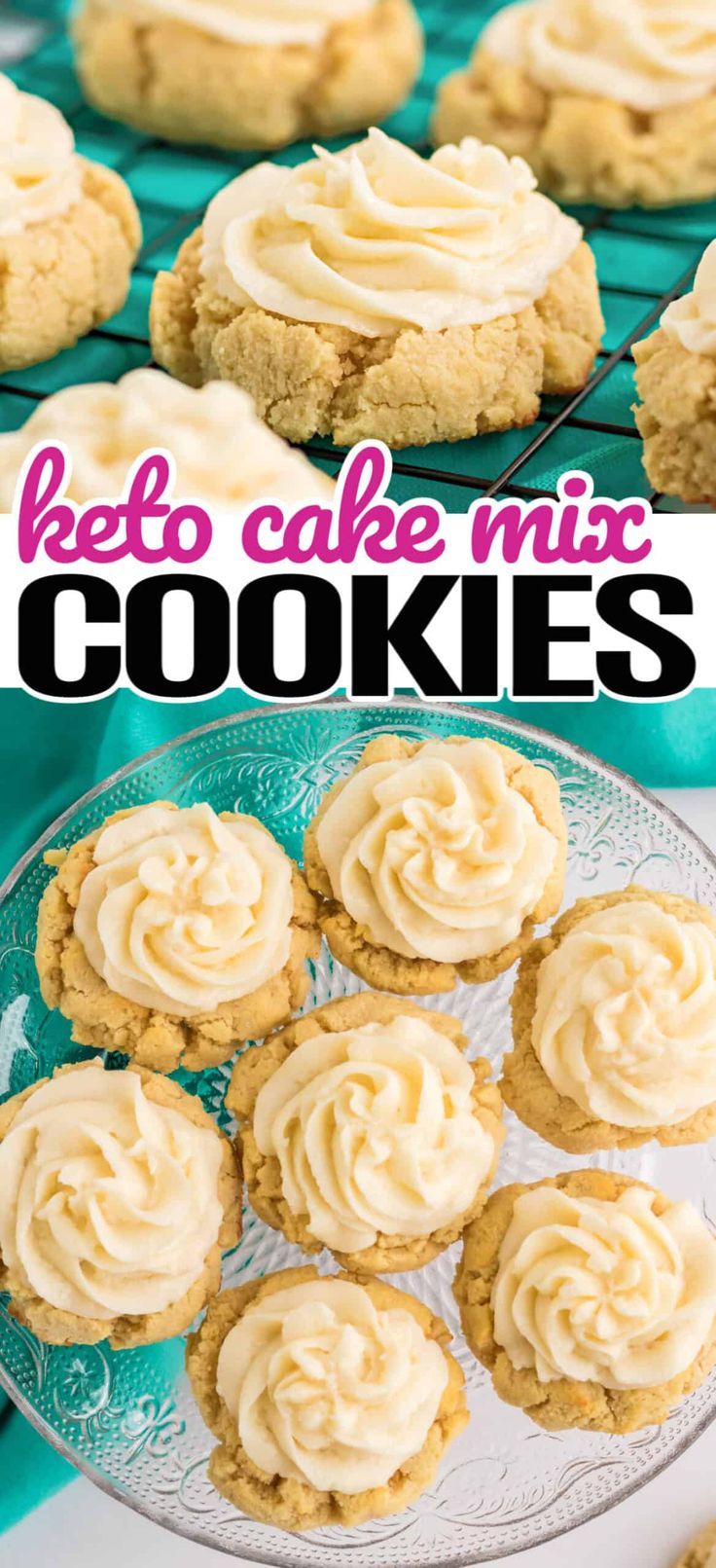 cookies with frosting on top and the words keto cake mix cookies above them